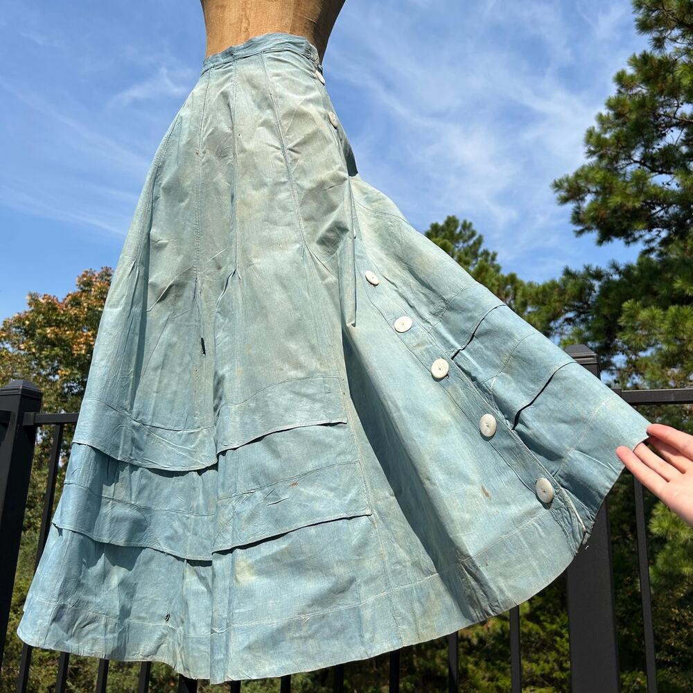 RARE! Vintage Antique Victorian Selvedge Chambray Workwear Tiered Maxi Skirt S